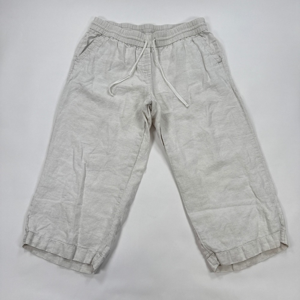 Talbots Womens Pants XL Oatmeal 100% Linen Drawstring Crop Wide Leg Minimalist